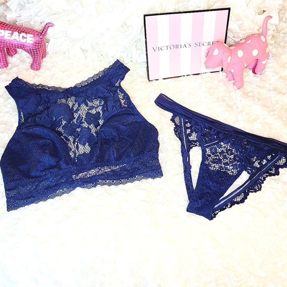 NWT 2 PC VICTORIA SECRET BRALETTE CHEEKINI NAVY BLUE LACE MEDIUM M
